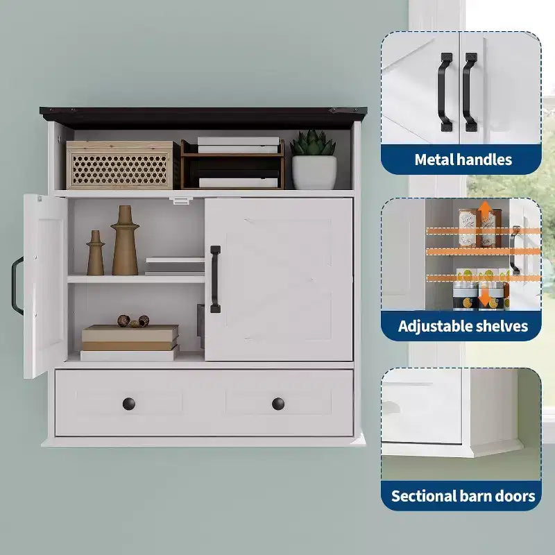 Armoire à pharmacie murale de style rustique 25x23,6 pouces avec porte coulissante et étagères réglables - Rangement blanc pour salle de bain et cuisine