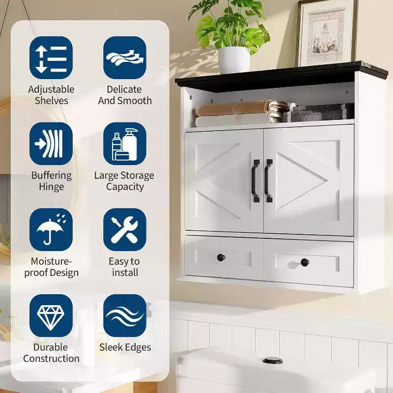 Armoire à pharmacie murale de style rustique 25x23,6 pouces avec porte coulissante et étagères réglables - Rangement blanc pour salle de bain et cuisine
