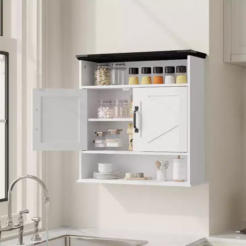 Armoire à pharmacie murale de style rustique 25x23,6 pouces avec porte coulissante et étagères réglables - Rangement blanc pour salle de bain et cuisine