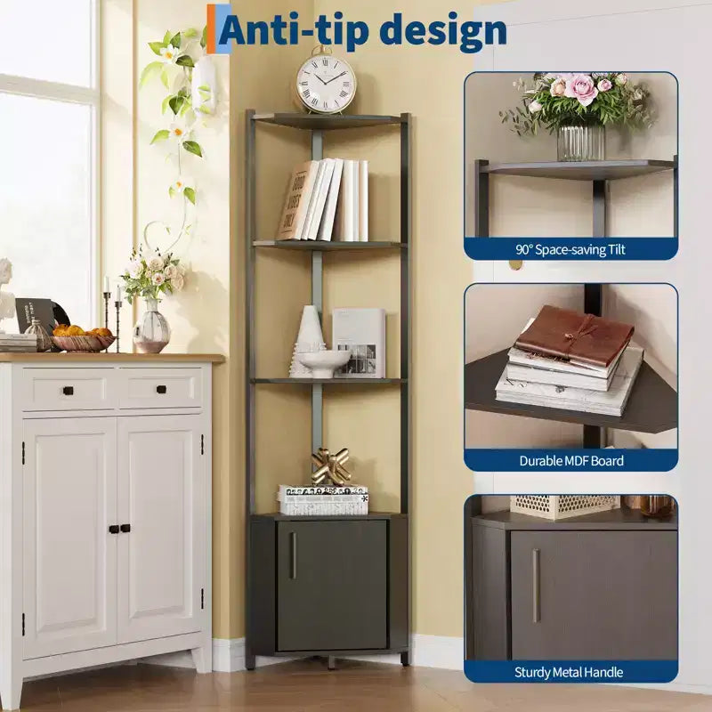 Étagère d'angle à 5 niveaux, pour chambre et salon, bibliothèque d'angle industrielle pour bureau à domicile, cuisine, salle de bain