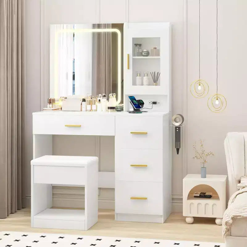 Coiffeuse avec miroir et lumières, table de maquillage moderne avec prises intégrées, tabouret de rangement, 4 tiroirs et support pour sèche-cheveux