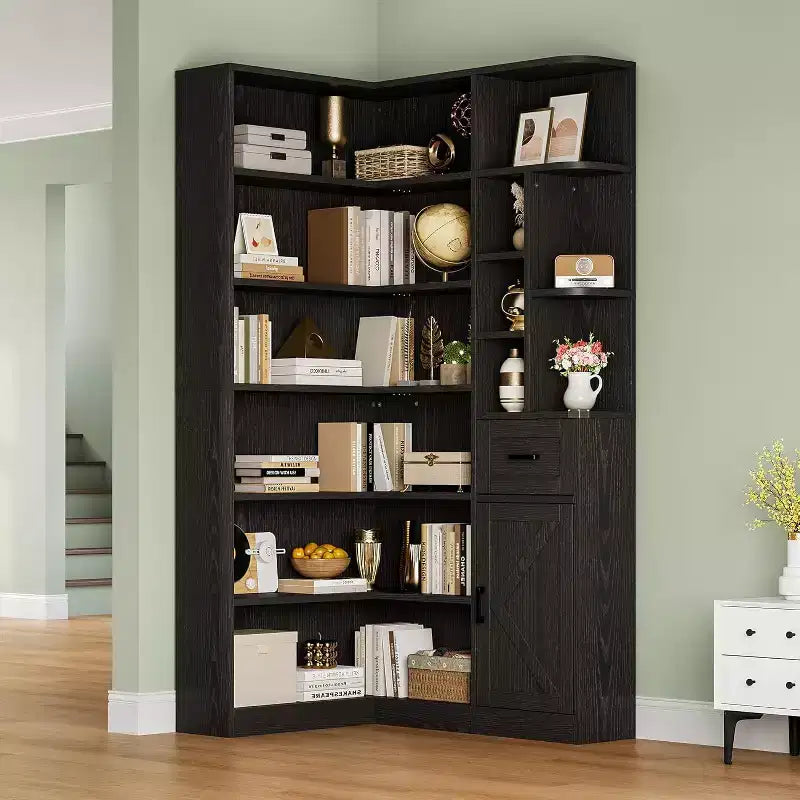 Bibliothèque d'angle haute de 74 po avec 6 étagères ouvertes, tiroir et armoires, étagère de rangement moderne en forme de L pour le salon, le bureau ou la chambre à coucher