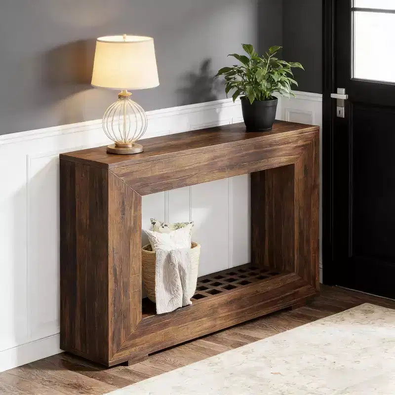 Console de ferme, table de canapé rustique en bois avec rangement pour entrée