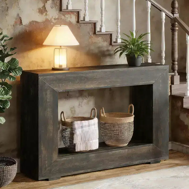 Console de ferme, table de canapé rustique en bois avec rangement pour entrée