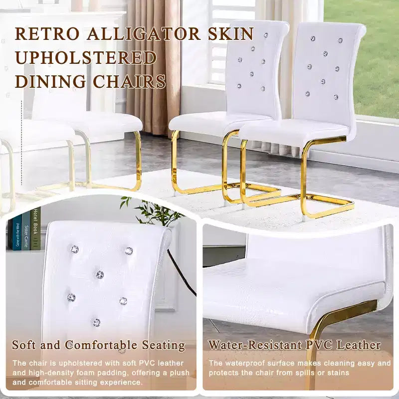 Lot de 4 Chaises de Salle à Manger Rembourrées en Similicuir avec Détails de Boucle en Cristal et Pieds en Métal Durables
