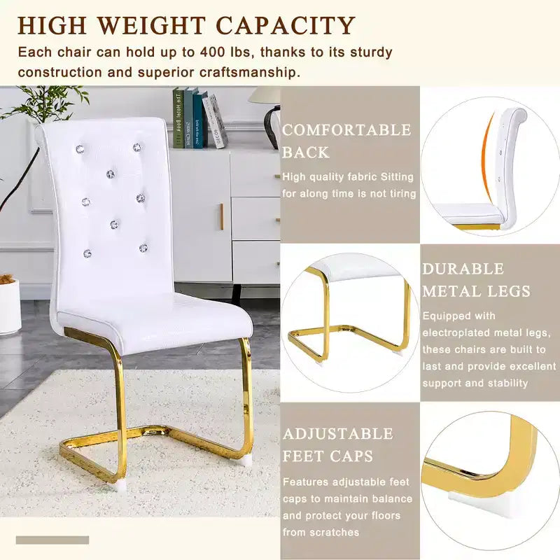 Lot de 4 Chaises de Salle à Manger Rembourrées en Similicuir avec Détails de Boucle en Cristal et Pieds en Métal Durables