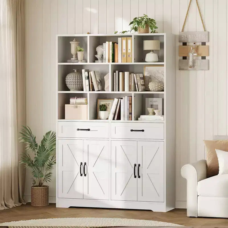 Bibliothèque haute de 71 po avec 2 tiroirs, étagère à livres en bois à 5 niveaux avec tablettes réglables, étagères de présentation ouvertes sur pied pour salon