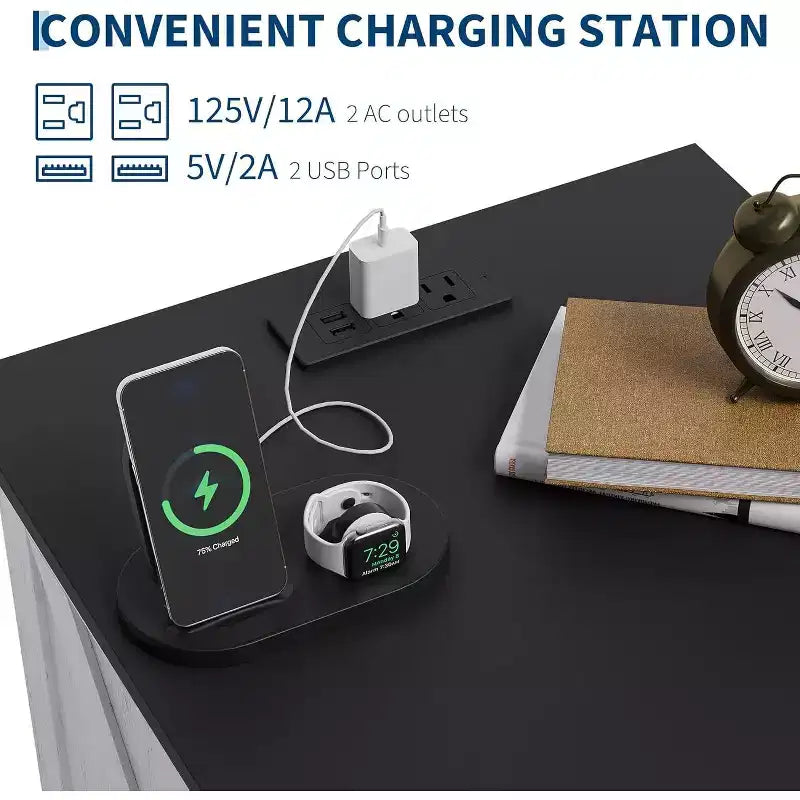 Tables de chevet rustiques de ferme avec station de recharge, tables de chevet modernes en bois avec 2 tiroirs, tables d'appoint accentuées blanches pour salon