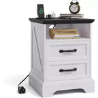 Farmhouse Rustic Nightstands with Charging Station, Modern Wood Night Stands Bedside Tables with 2 Drawers, White Accent Side Tables for Living Room