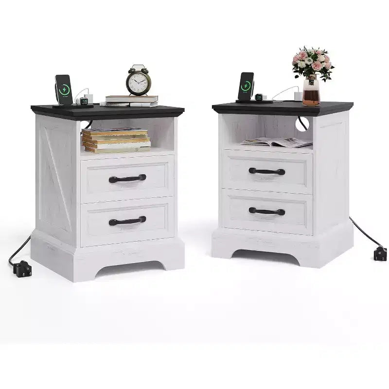 Tables de chevet rustiques de ferme avec station de recharge, tables de chevet modernes en bois avec 2 tiroirs, tables d'appoint accentuées blanches pour salon