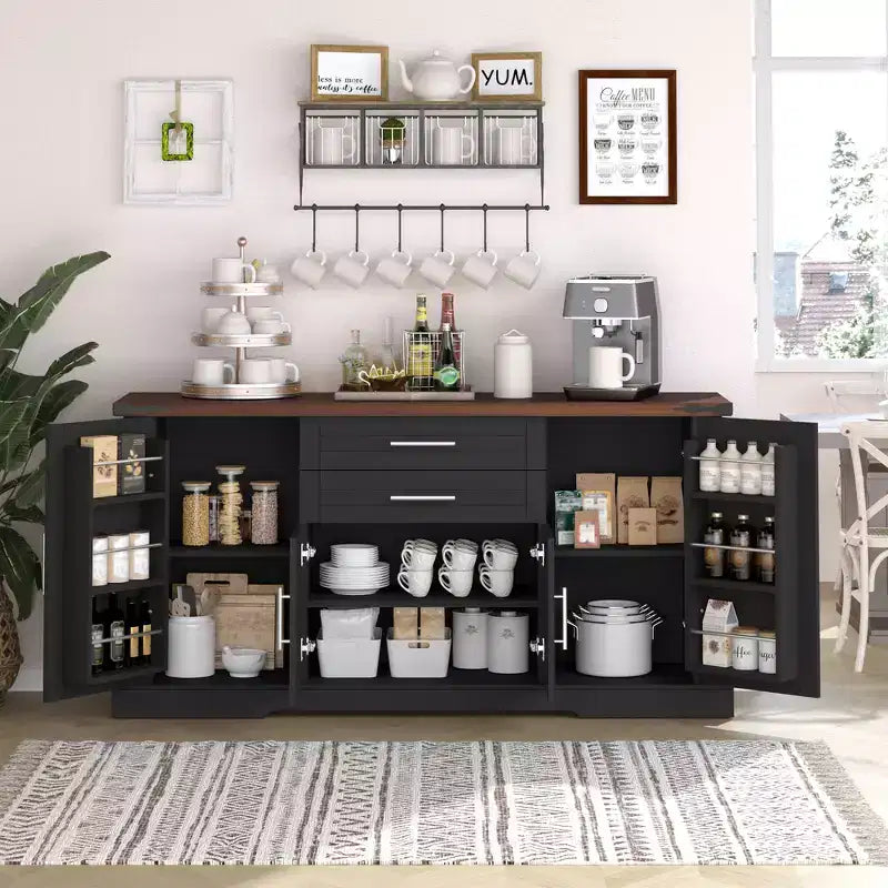 Meuble de Rangement de Ferme Zeus & Ruta 63 avec Porte Coulissante, 2 Tiroirs, Étagères Réglables, Buffet Bar à Café pour Cuisine, Entrée, Salle à Manger