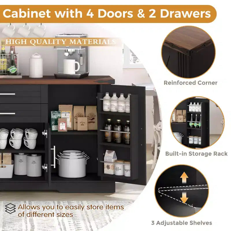 Meuble de Rangement de Ferme Zeus & Ruta 63 avec Porte Coulissante, 2 Tiroirs, Étagères Réglables, Buffet Bar à Café pour Cuisine, Entrée, Salle à Manger