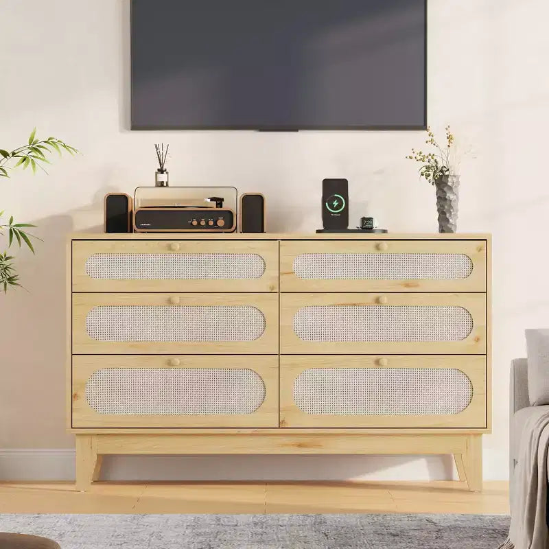 Commode de chambre à coucher, commode à 6 tiroirs en rotin avec ports USB et prises, coffre de rangement en chêne naturel