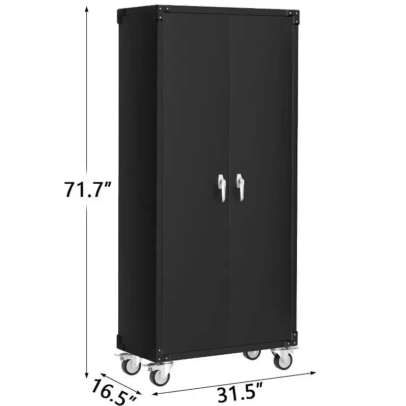 Armoire de rangement métallique robuste 183 cm avec roulettes - Portes verrouillables - 4 étagères réglables - Panneau perforé de rangement - Casiers à outils mobiles