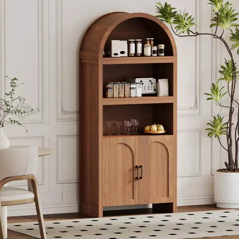 71 Tall Arched Bookcase Cabinet,5-Tier Storage with Fluted Doors, 3 Open Shelves & Adjustable Shelf, Pantry for Living Room, Dining Room, Office