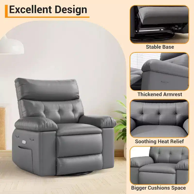 Fauteuil inclinable pivotant en cuir artificiel épaissi, avec fonctions de massage, d'inclinaison et poche latérale, adapté au salon et à la chambre à coucher.