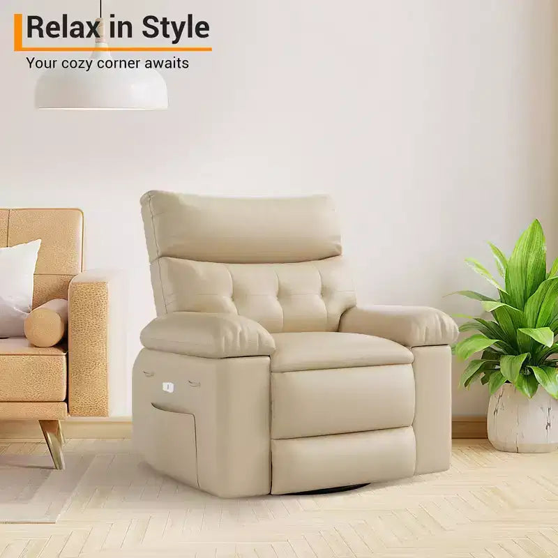 Fauteuil inclinable pivotant en cuir artificiel épaissi, avec fonctions de massage, d'inclinaison et poche latérale, adapté au salon et à la chambre à coucher.