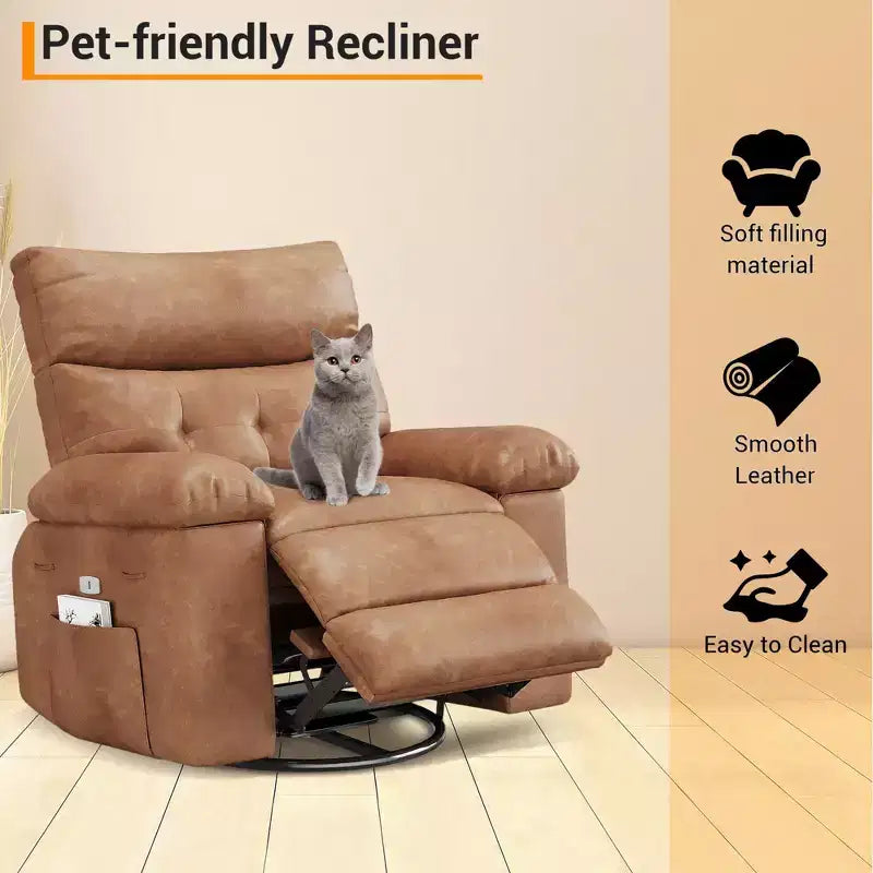 Fauteuil inclinable pivotant en cuir artificiel épaissi, avec fonctions de massage, d'inclinaison et poche latérale, adapté au salon et à la chambre à coucher.