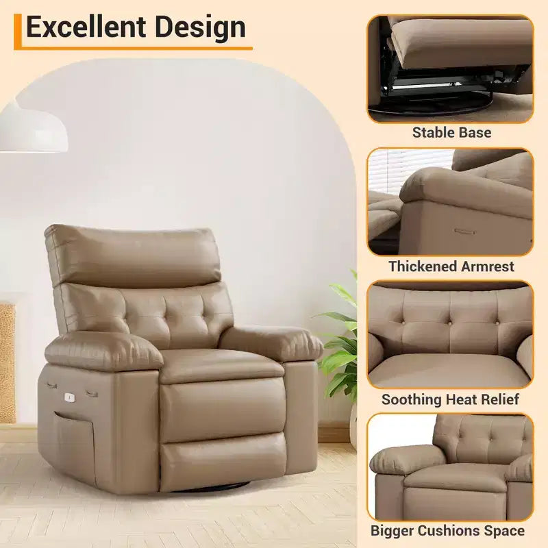 Fauteuil inclinable pivotant en cuir artificiel épaissi, avec fonctions de massage, d'inclinaison et poche latérale, adapté au salon et à la chambre à coucher.