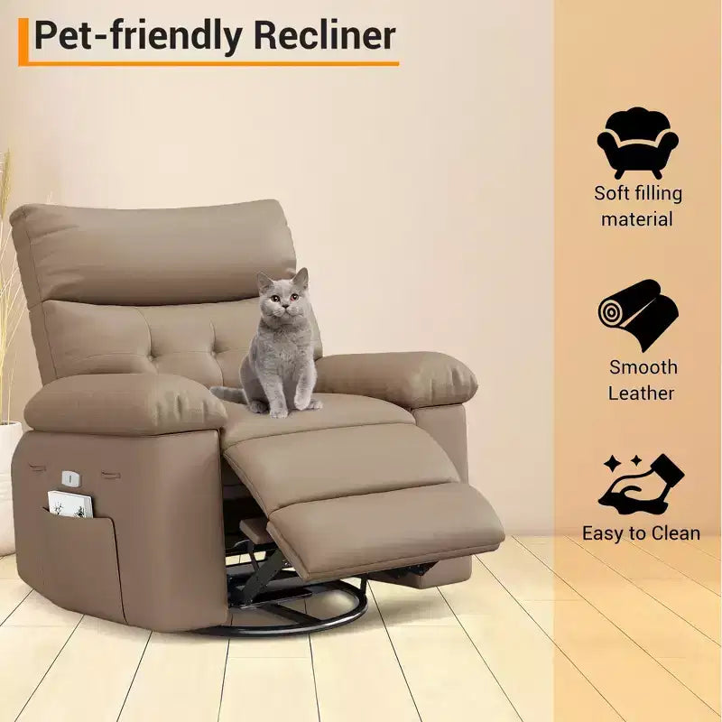 Fauteuil inclinable pivotant en cuir artificiel épaissi, avec fonctions de massage, d'inclinaison et poche latérale, adapté au salon et à la chambre à coucher.