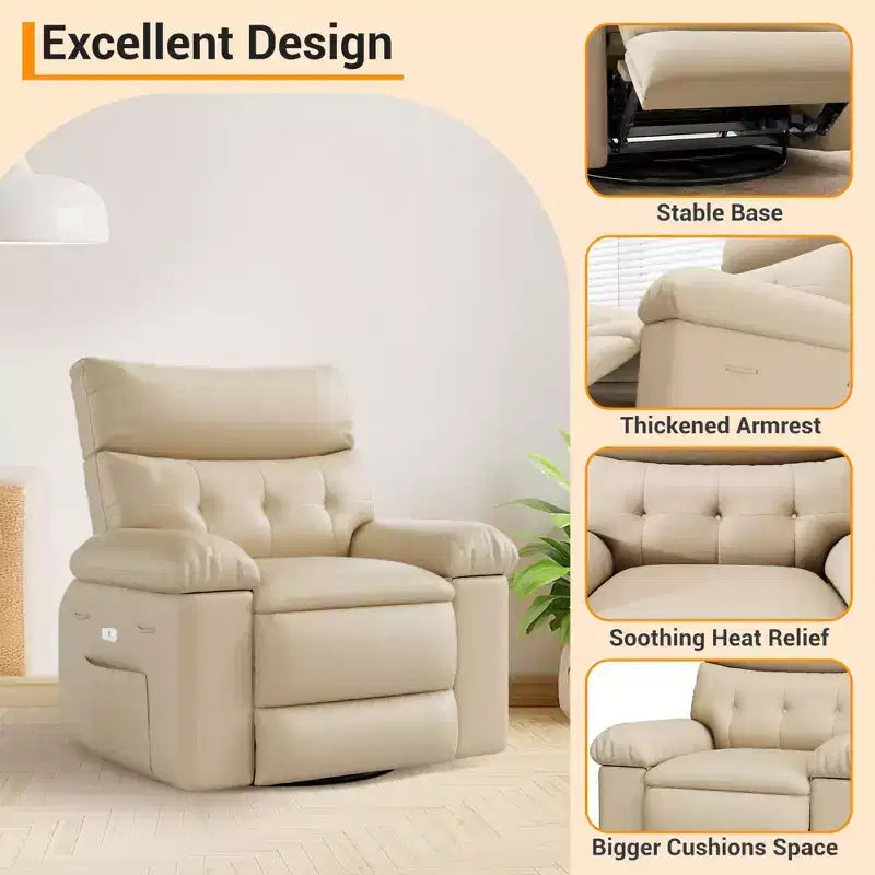 Fauteuil inclinable pivotant en cuir artificiel épaissi, avec fonctions de massage, d'inclinaison et poche latérale, adapté au salon et à la chambre à coucher.