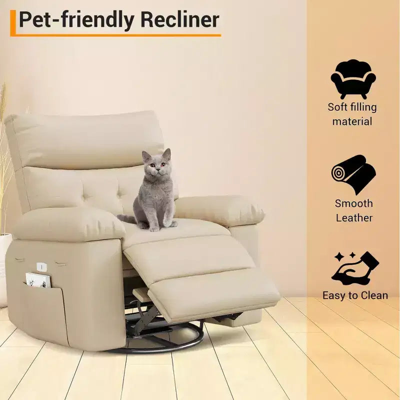Fauteuil inclinable pivotant en cuir artificiel épaissi, avec fonctions de massage, d'inclinaison et poche latérale, adapté au salon et à la chambre à coucher.