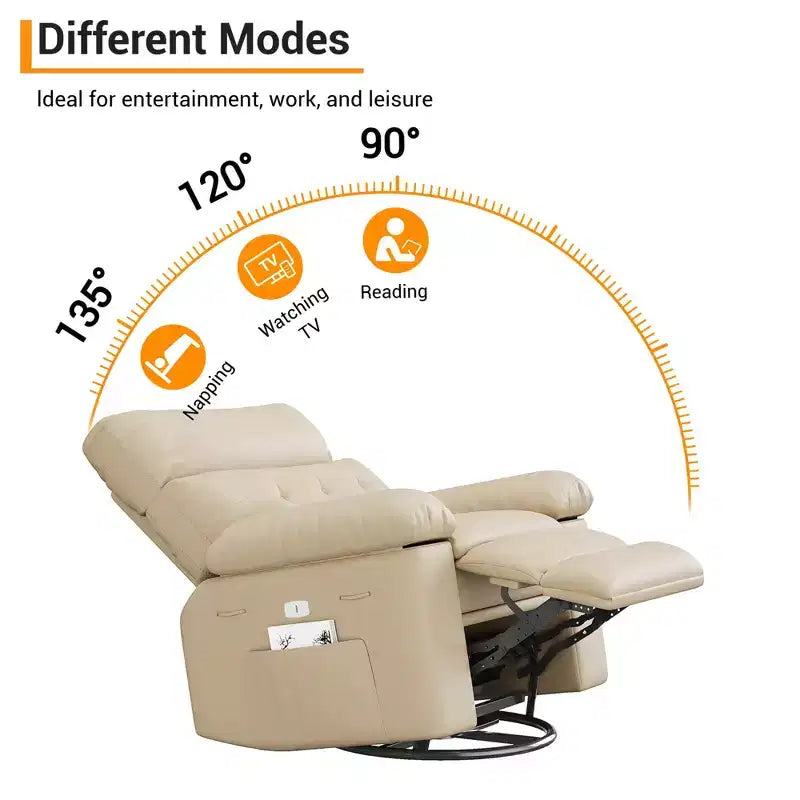 Fauteuil inclinable pivotant en cuir artificiel épaissi, avec fonctions de massage, d'inclinaison et poche latérale, adapté au salon et à la chambre à coucher.
