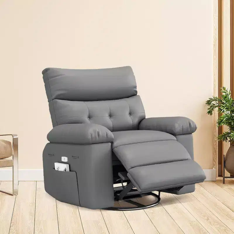 Fauteuil inclinable pivotant en cuir artificiel épaissi, avec fonctions de massage, d'inclinaison et poche latérale, adapté au salon et à la chambre à coucher.