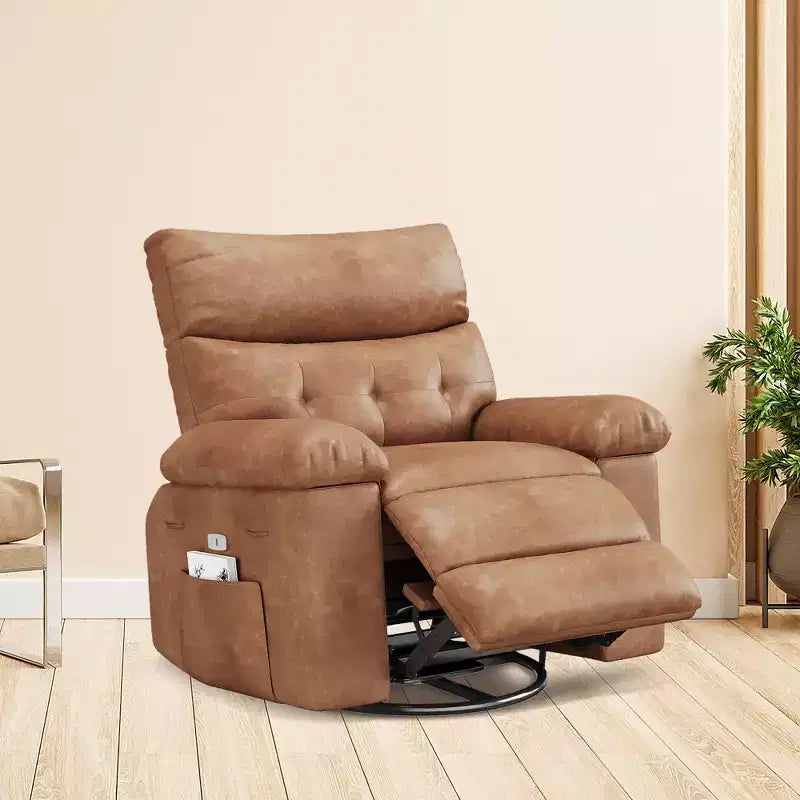 Fauteuil inclinable pivotant en cuir artificiel épaissi, avec fonctions de massage, d'inclinaison et poche latérale, adapté au salon et à la chambre à coucher.
