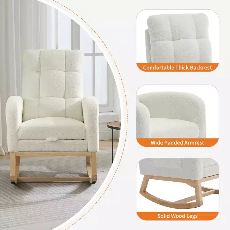Fauteuil à bascule moderne avec poches latérales, design rembourré. Convient aux salons et chambres à coucher. Dossier haut