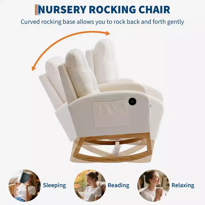 Fauteuil à bascule moderne avec poches latérales, design rembourré. Convient aux salons et chambres à coucher. Dossier haut