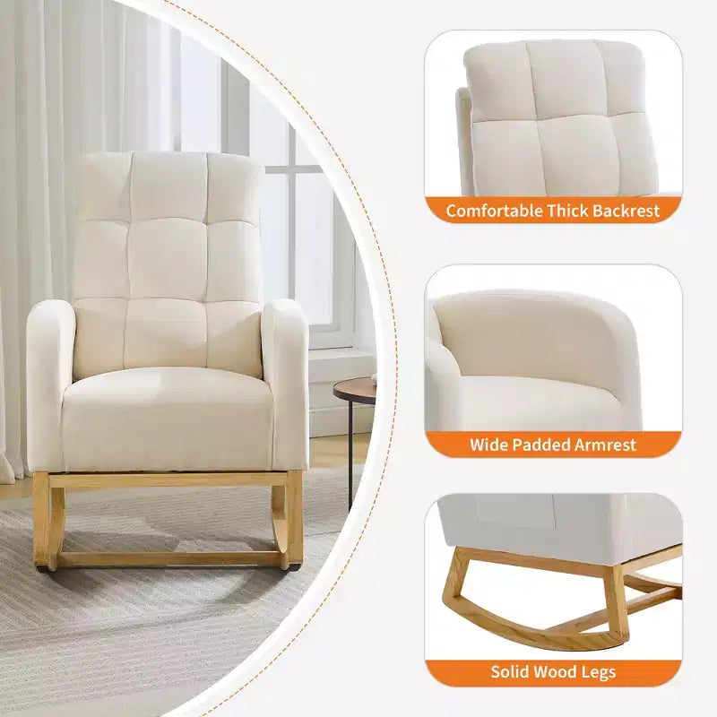 Fauteuil à bascule moderne avec poches latérales, design rembourré. Convient aux salons et chambres à coucher. Dossier haut
