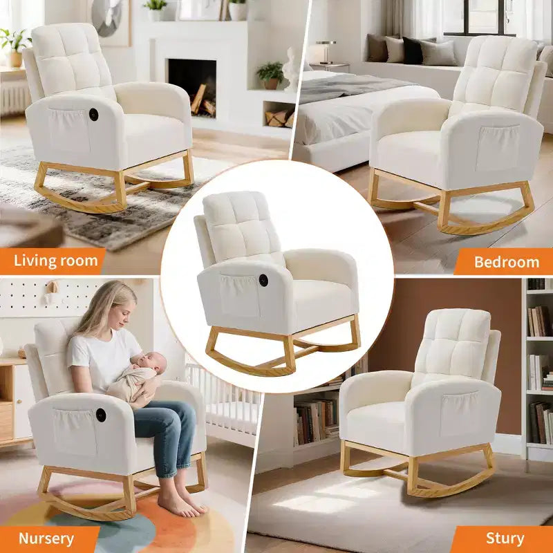 Fauteuil à bascule moderne avec poches latérales, design rembourré. Convient aux salons et chambres à coucher. Dossier haut