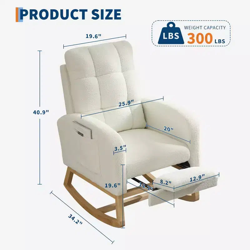 Fauteuil à bascule moderne avec poches latérales, design rembourré. Convient aux salons et chambres à coucher. Dossier haut