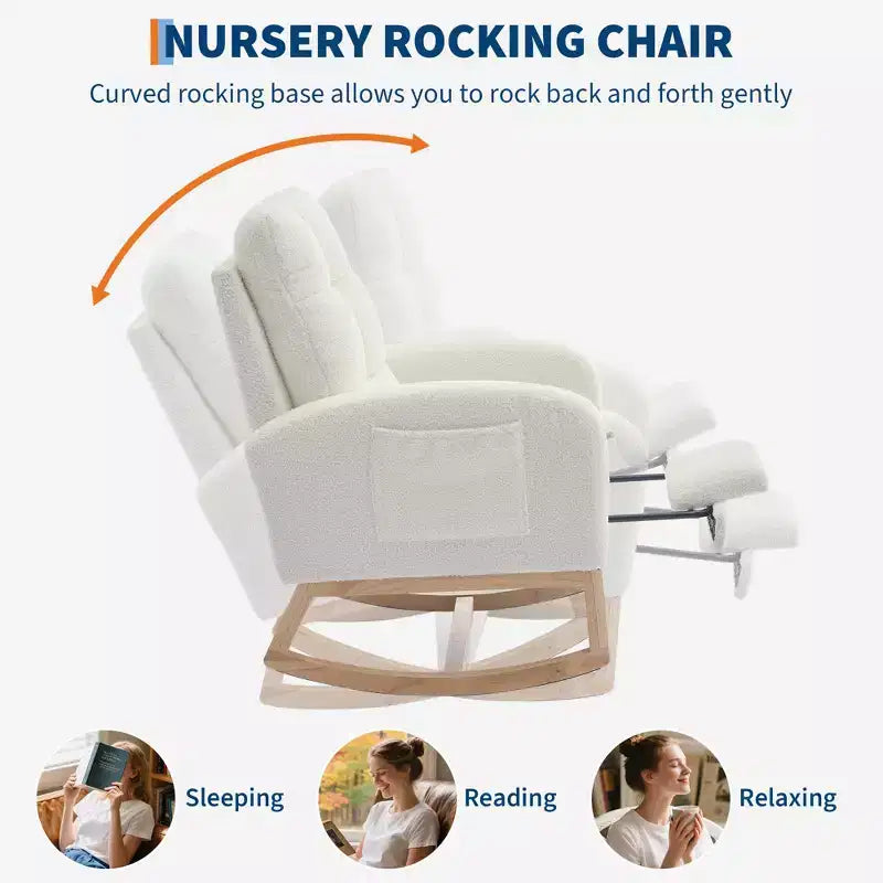 Fauteuil à bascule moderne avec poches latérales, design rembourré. Convient aux salons et chambres à coucher. Dossier haut