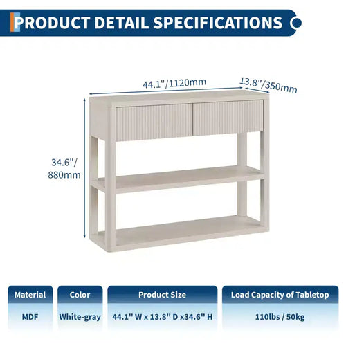 Console étroite de 88 cm de haut avec 3 étagères de rangement, table d'entrée en bois cannelé à placer derrière le canapé, avec 2 tiroirs pour le salon ou le couloir, blanc gris