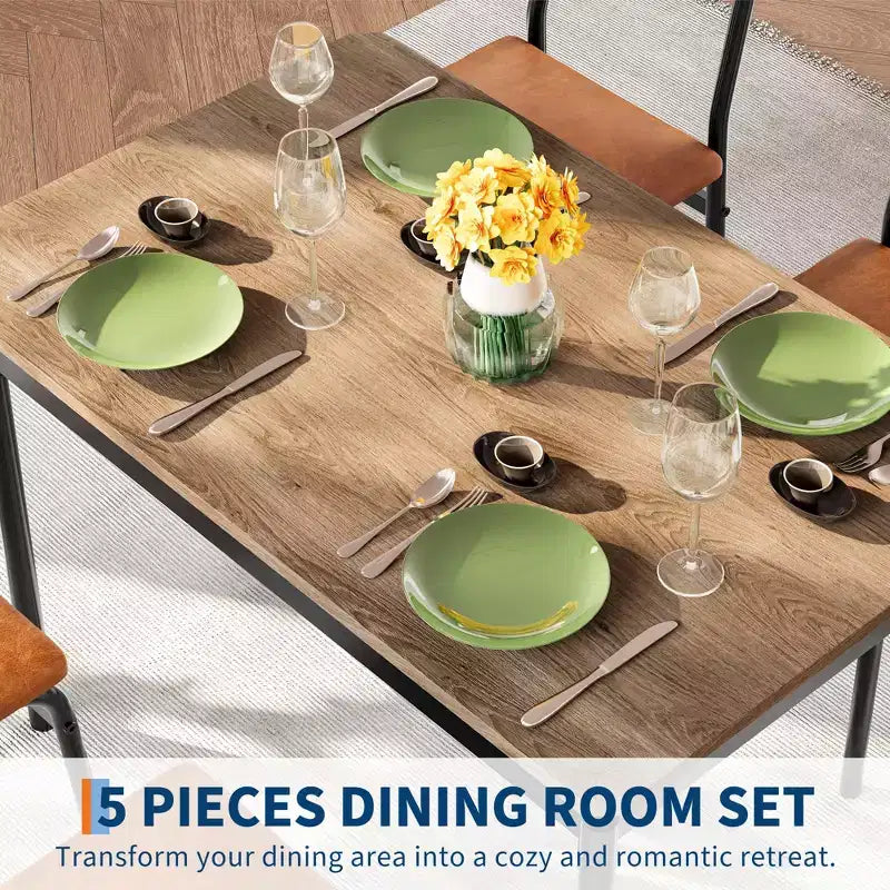 Ensemble de table à manger 5 pièces, ensemble de table de cuisine en bois avec 4 chaises rembourrées en PU, ensemble de dînette à cadre métallique industriel pour salle à manger, dîner à la maison, fête