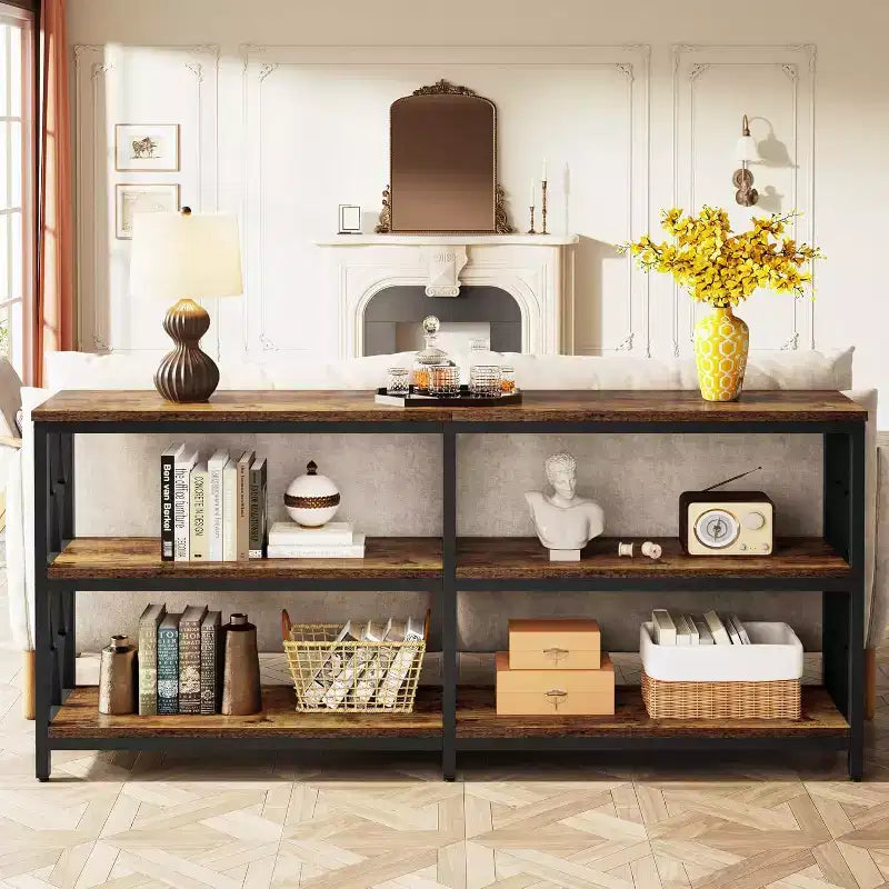 Console Lantine de 70,9 pouces avec rangement, Table de canapé industrielle à 3 niveaux pour salon, Table d'entrée pour couloir, Marron rustique et noir