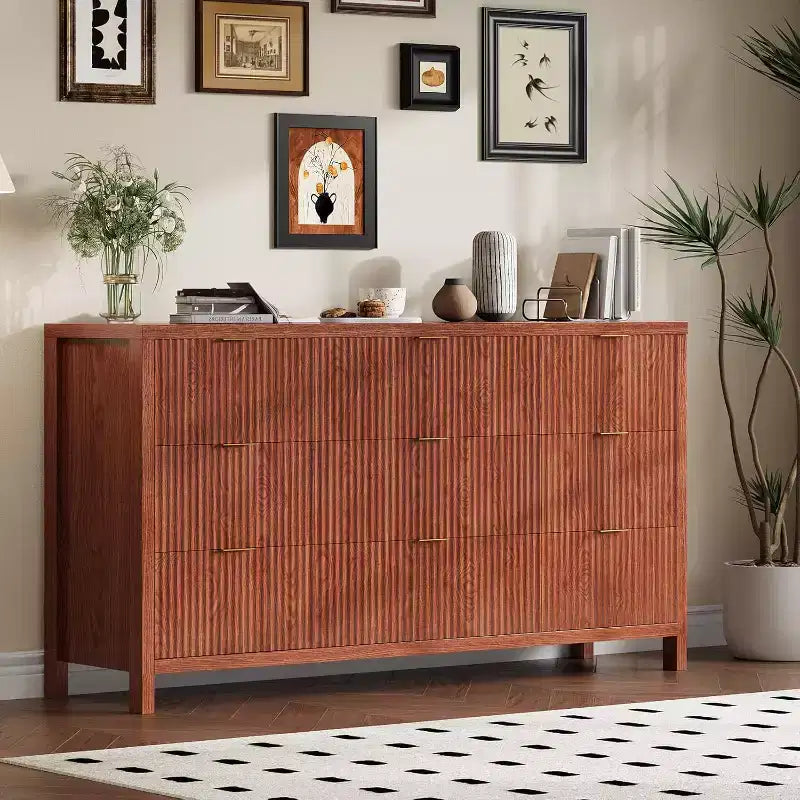 Commode 9 tiroirs style ferme pour chambre - Commode en bois étroite, rainurée, style moderne du milieu du siècle, organisateur de rangement pour placard ou salon