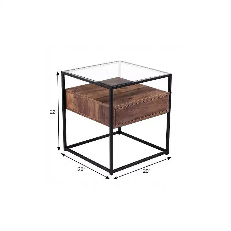 HomeRoots 22 Table d'appoint carrée en verre noir et fer avec tiroir et étagère