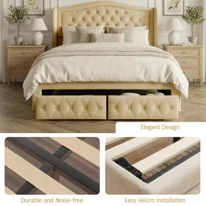 Cadre de lit Dyonery Queen, 52,6 pouces de hauteur, avec deux tiroirs, emballage doux en velours, tête de lit capitonnée en losanges, rivets vintage et design à ailes.