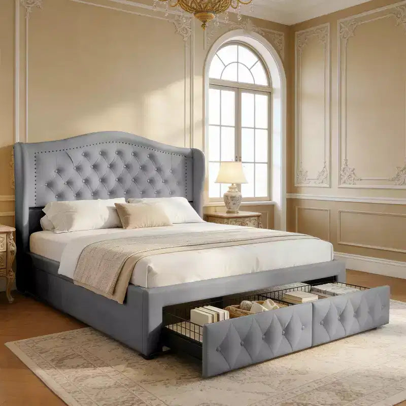 Cadre de lit Dyonery Queen, 52,6 pouces de hauteur, avec deux tiroirs, emballage doux en velours, tête de lit capitonnée en losanges, rivets vintage et design à ailes.