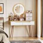 JVNOXK Vanity Dressing Table with 3 Height-Adjustable Lighted Mirrors and Solid Wood Legs, Featuring 4 Drawers and 3 Open Storage Shelves