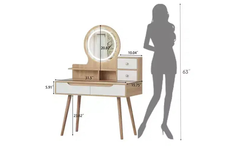 JVNOXK Coiffeuse avec 3 miroirs lumineux réglables en hauteur et pieds en bois massif, dotée de 4 tiroirs et 3 étagères de rangement ouvertes