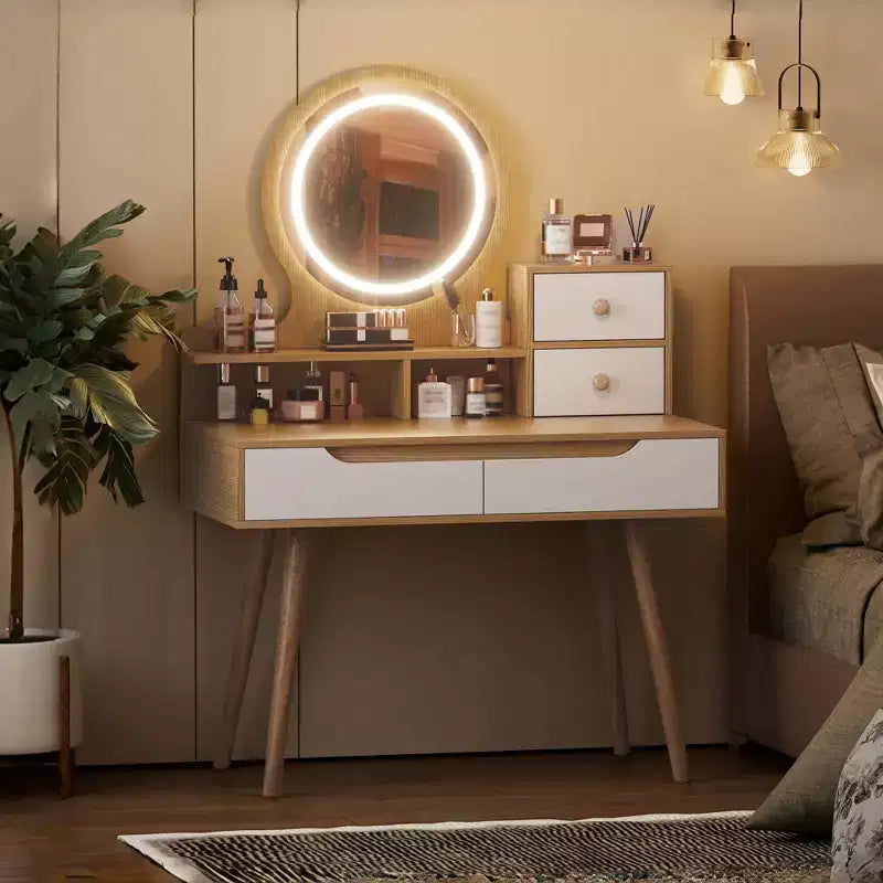 JVNOXK Coiffeuse avec 3 miroirs lumineux réglables en hauteur et pieds en bois massif, dotée de 4 tiroirs et 3 étagères de rangement ouvertes
