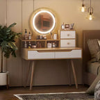 JVNOXK Coiffeuse avec 3 miroirs lumineux réglables en hauteur et pieds en bois massif, dotée de 4 tiroirs et 3 étagères de rangement ouvertes