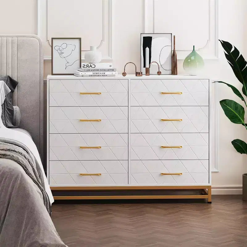 Commode haute moderne en bois à 8 tiroirs, glissières à fermeture douce et kit anti-basculement, meuble de rangement peu encombrant pour chambre, placard, enfants et chambre de bébé