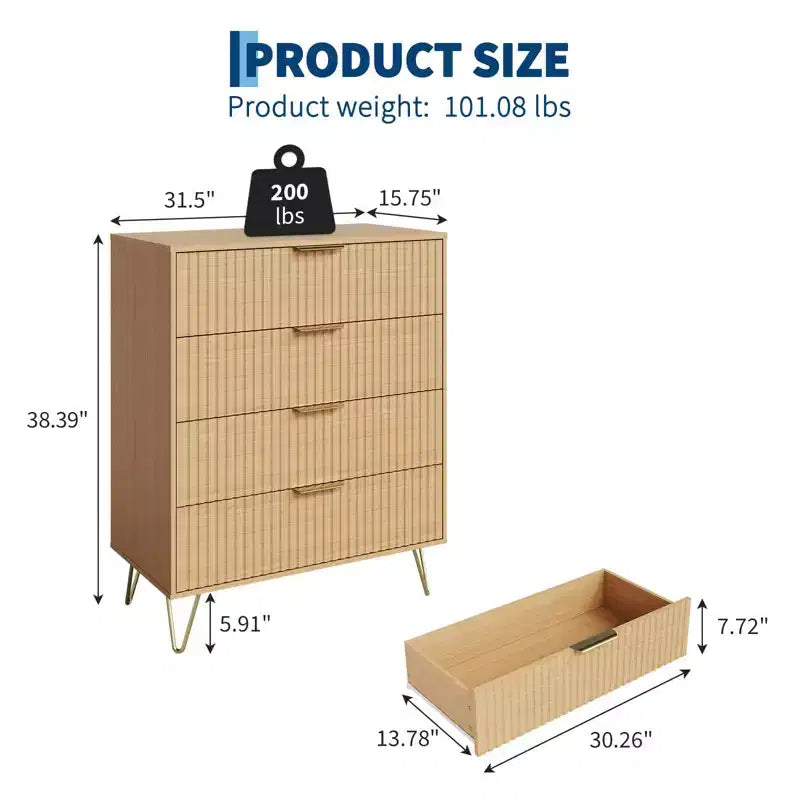 Commode, 32 po de large, commode moderne cannelée avec poignées en métal, organisateur de rangement pour vêtements à 4 tiroirs