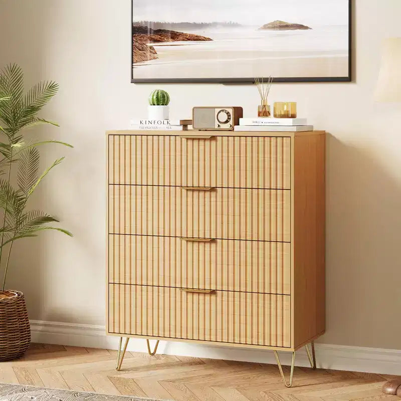 Commode, 32 po de large, commode moderne cannelée avec poignées en métal, organisateur de rangement pour vêtements à 4 tiroirs