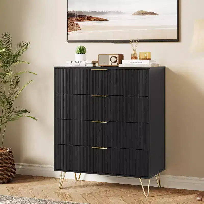 Commode, 32 po de large, commode moderne cannelée avec poignées en métal, organisateur de rangement pour vêtements à 4 tiroirs